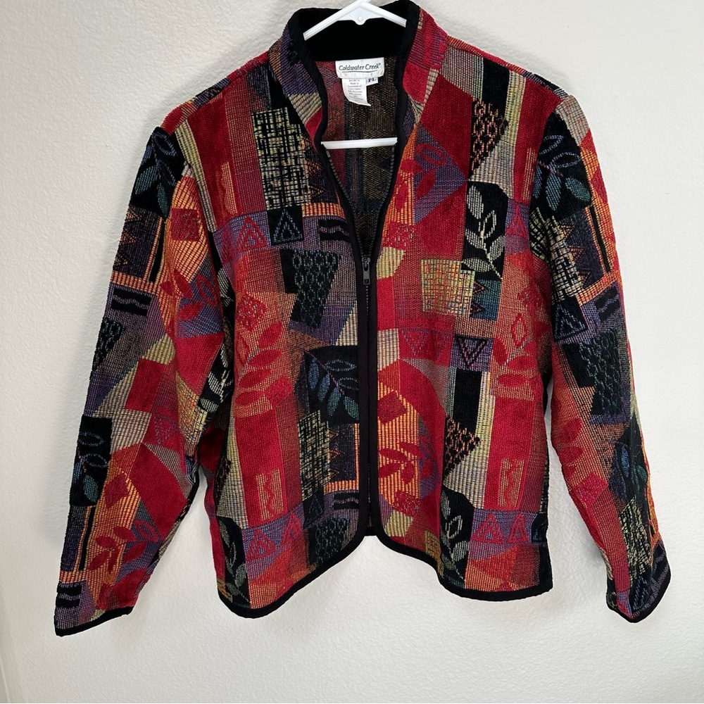 Coldwater Creek Red and Black Blazer with Artistic Pattern